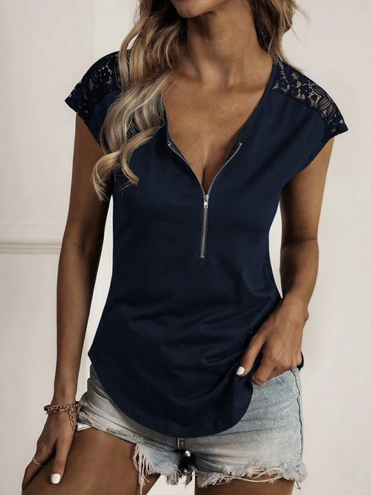Women's solid color round neck zipper stitching lace short-sleeved T-shirt-[Adult]-[Female]-Champlain color-S-2022 Online Blue Zone Planet