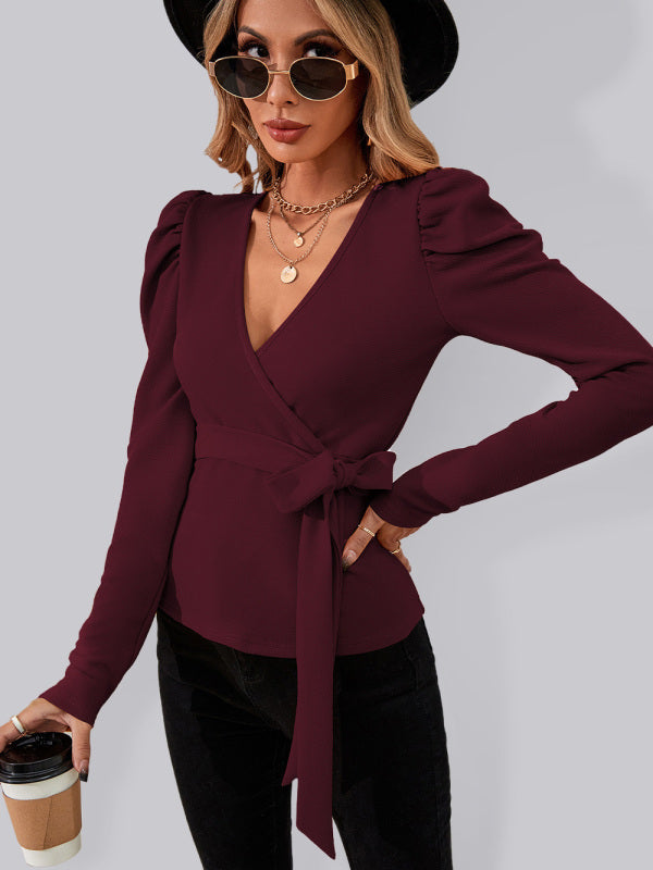 V-neck commuting knitted pullover waist long-sleeved top women-[Adult]-[Female]-Wine Red-S-2022 Online Blue Zone Planet