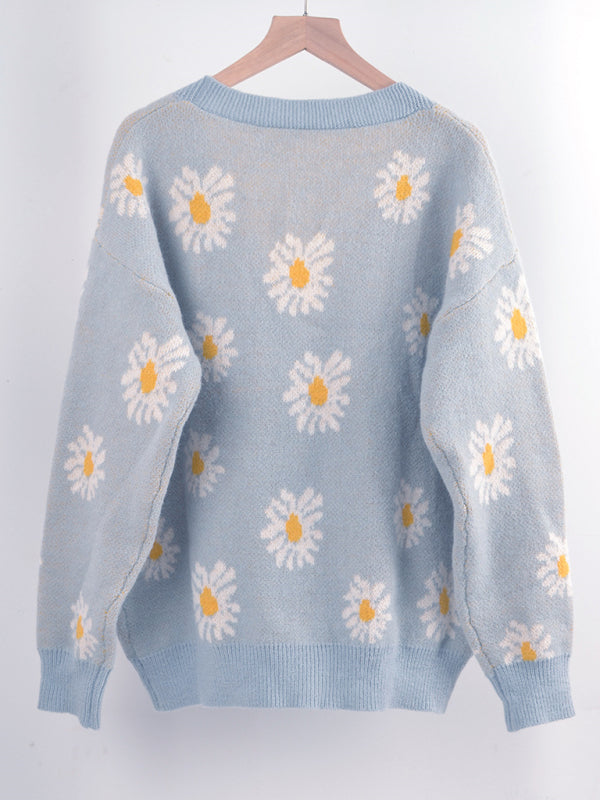 Printed knitted sweater coat sweater cardigan daisy sweater BLUE ZONE PLANET