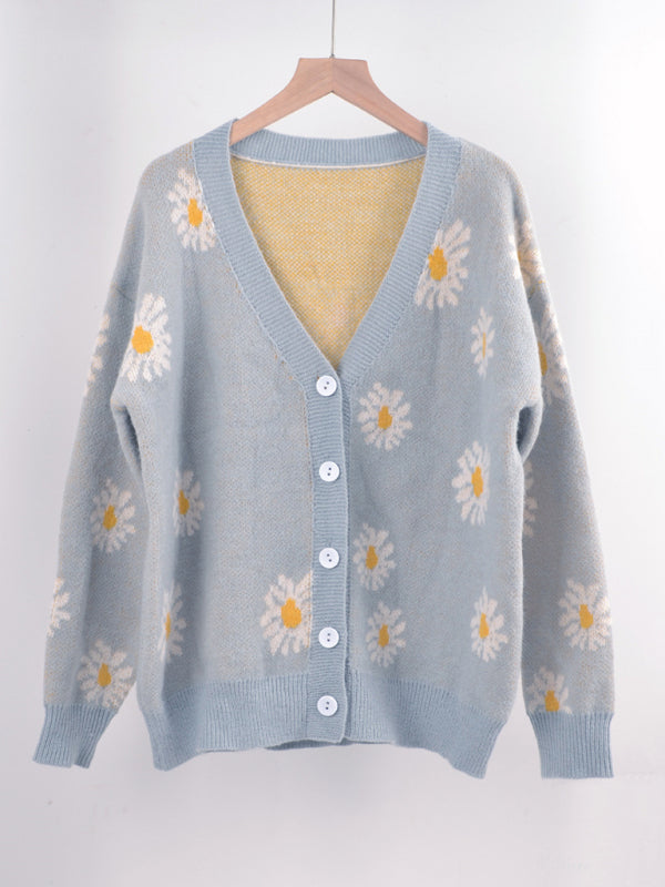Printed knitted sweater coat sweater cardigan daisy sweater BLUE ZONE PLANET