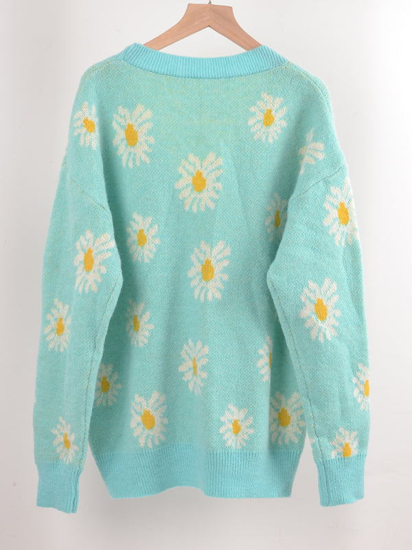 Printed knitted sweater coat sweater cardigan daisy sweater BLUE ZONE PLANET