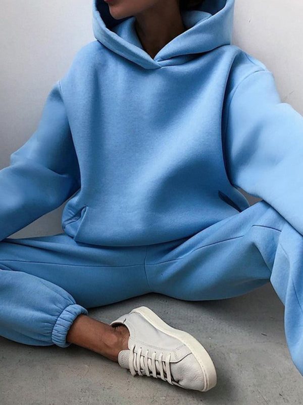 Blue Zone Planet |  solid color trousers thickened long-sleeved hooded set BLUE ZONE PLANET