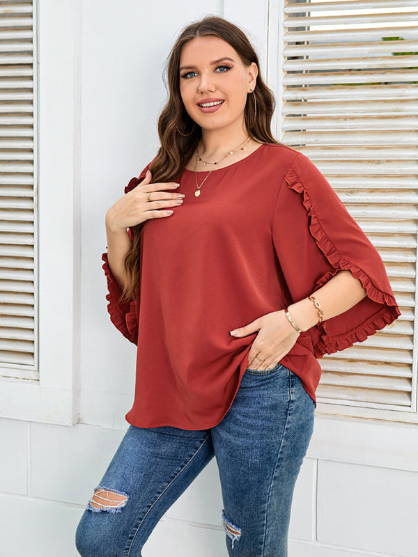 Plus Size Ladies Shirt Red Half Sleeve Loose Top BLUE ZONE PLANET