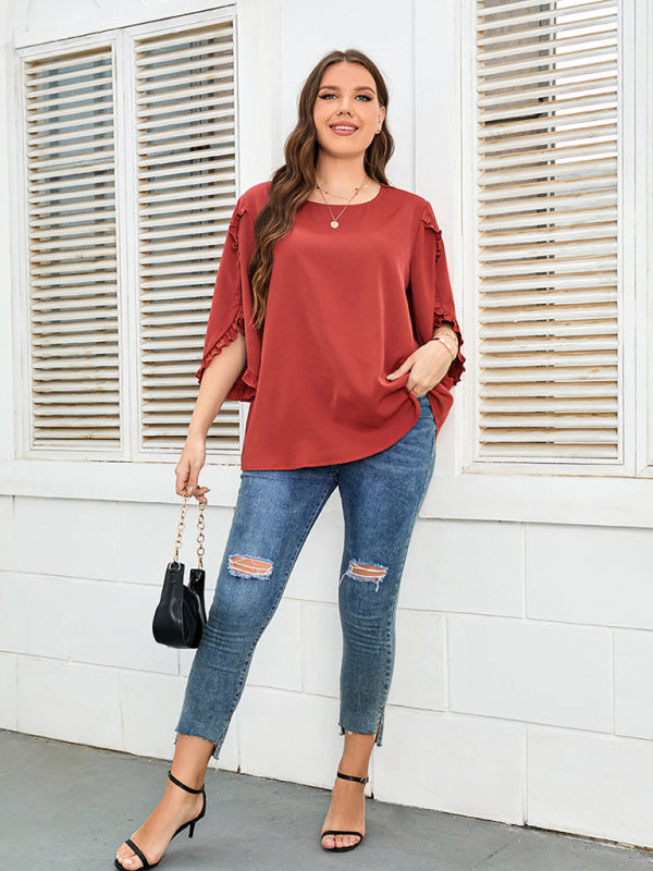 Plus Size Ladies Shirt Red Half Sleeve Loose Top BLUE ZONE PLANET