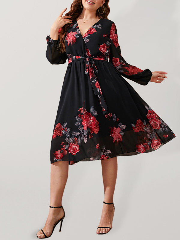 Plus Size Sexy V Neck Floral Print Tie Slim Dress kakaclo