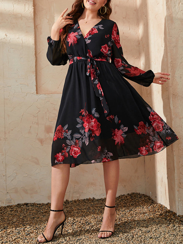 Plus Size Sexy V Neck Floral Print Tie Slim Dress kakaclo