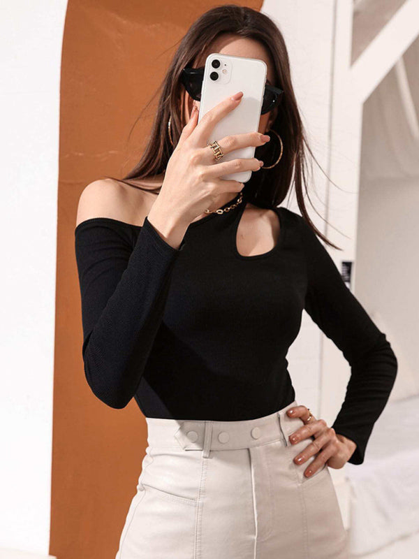 Women's Knitted Sexy Hollow Off Shoulder Long Sleeve T-Shirt-[Adult]-[Female]-2022 Online Blue Zone Planet