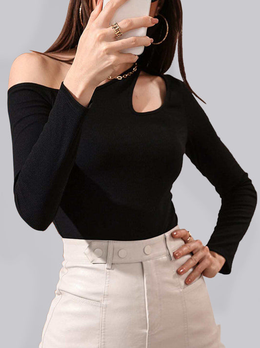 Women's Knitted Sexy Hollow Off Shoulder Long Sleeve T-Shirt-[Adult]-[Female]-Black-S-2022 Online Blue Zone Planet