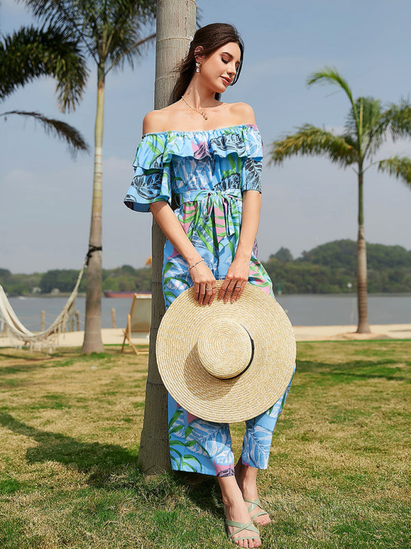 woven one-shoulder chiffon floral resort jumpsuit BLUE ZONE PLANET