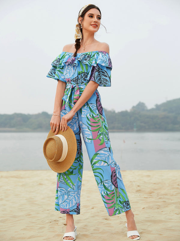 woven one-shoulder chiffon floral resort jumpsuit BLUE ZONE PLANET