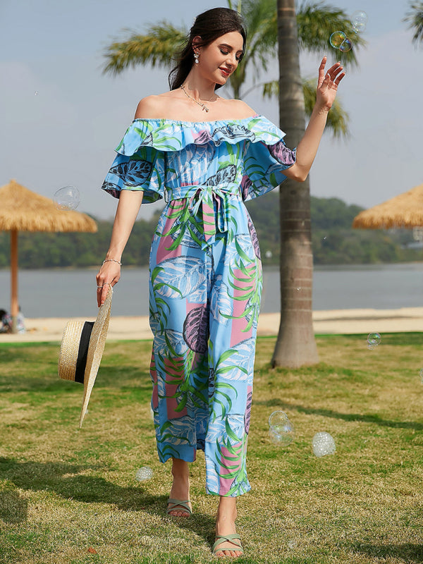woven one-shoulder chiffon floral resort jumpsuit BLUE ZONE PLANET