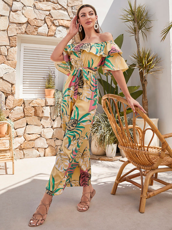 woven one-shoulder chiffon floral resort jumpsuit BLUE ZONE PLANET