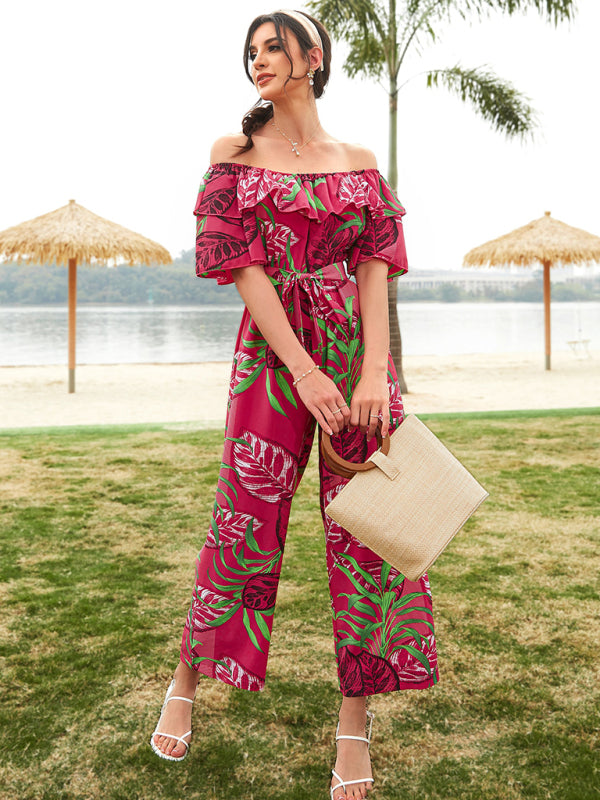 woven one-shoulder chiffon floral resort jumpsuit BLUE ZONE PLANET