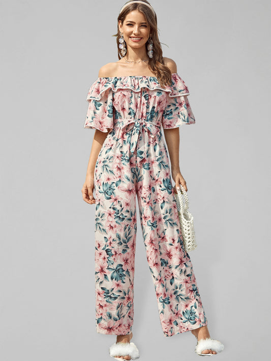 woven one-shoulder floral ruffled jumpsuit BLUE ZONE PLANET