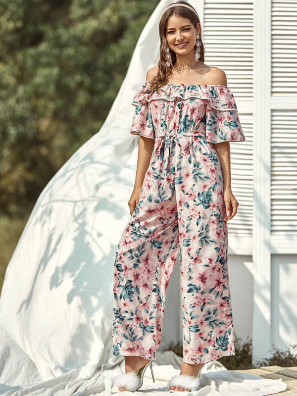 woven one-shoulder floral ruffled jumpsuit BLUE ZONE PLANET