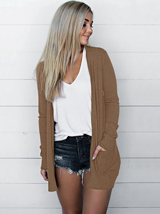 Women's New Tops Long Sleeve Knitted T-Shirt Cardigan-TOPS / DRESSES-[Adult]-[Female]-Khaki-S-2022 Online Blue Zone Planet