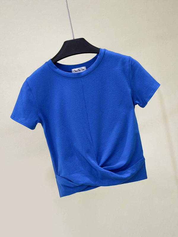 Blue Zone Planet |  Short Sleeve Cropped Top Cross Knotted Skinny T-Shirt BLUE ZONE PLANET