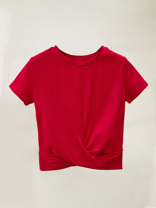 Short Sleeve Cropped Top Cross Knotted Skinny T-Shirt-TOPS / DRESSES-[Adult]-[Female]-Red-S-2022 Online Blue Zone Planet