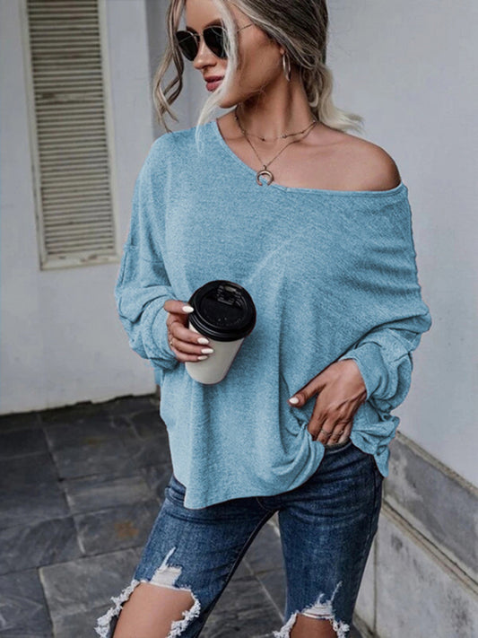 Blue Zone Planet | Solid color loose tie back drop shoulder T-shirt loose casual all-match-TOPS / DRESSES-[Adult]-[Female]-Blue-S-2022 Online Blue Zone Planet