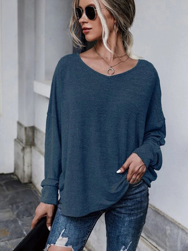 Blue Zone Planet | Solid color loose tie back drop shoulder T-shirt loose casual all-match-TOPS / DRESSES-[Adult]-[Female]-Purplish blue navy-S-2022 Online Blue Zone Planet