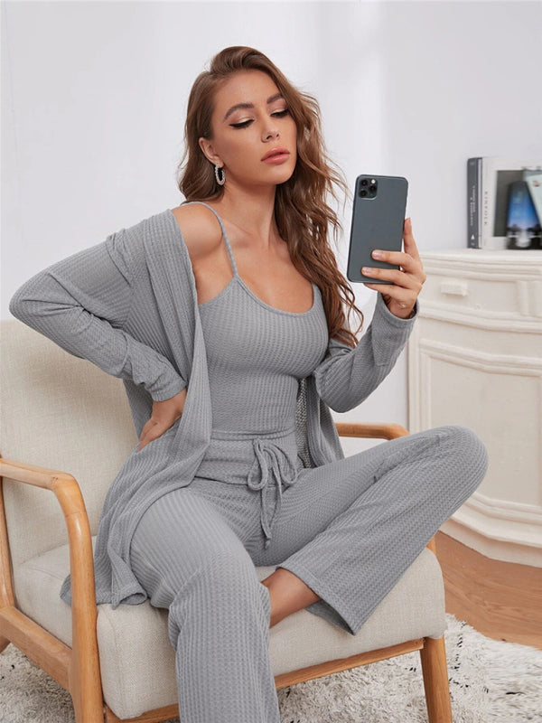 Loungewear Waffle Knit Long Three-Piece Suit BLUE ZONE PLANET