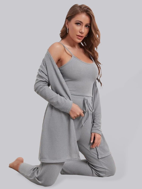 Loungewear Waffle Knit Long Three-Piece Suit BLUE ZONE PLANET