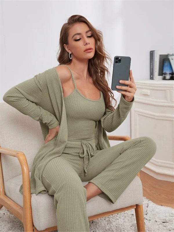 Loungewear Waffle Knit Long Three-Piece Suit BLUE ZONE PLANET