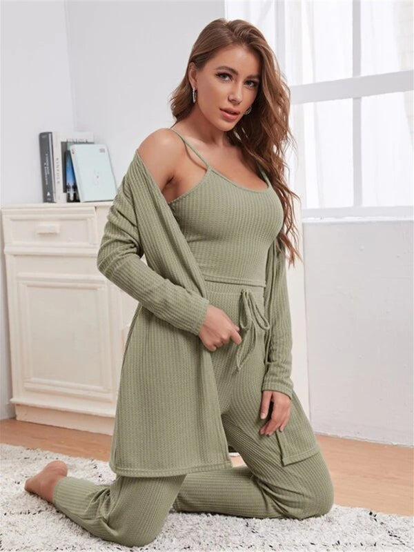 Loungewear Waffle Knit Long Three-Piece Suit BLUE ZONE PLANET