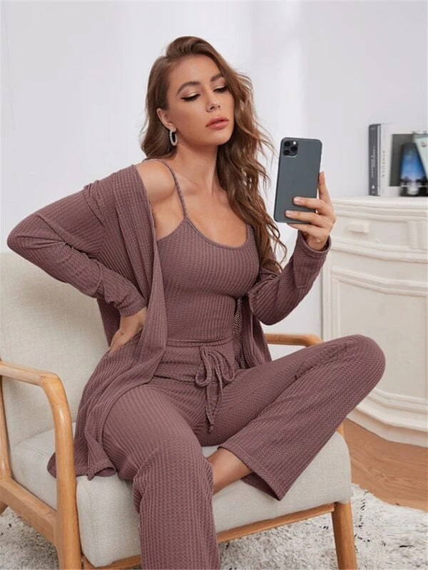 Loungewear Waffle Knit Long Three-Piece Suit BLUE ZONE PLANET