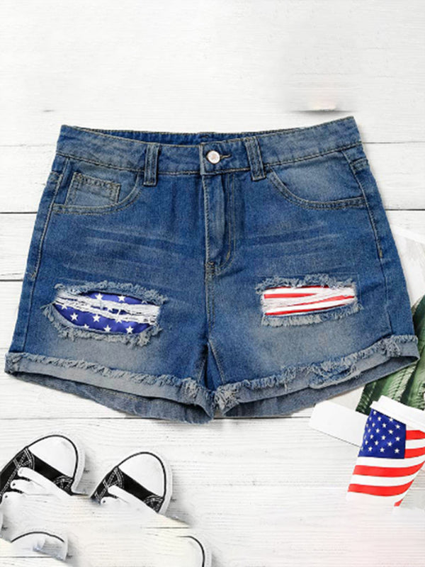 American flag patch skinny denim shorts-[Adult]-[Female]-2022 Online Blue Zone Planet