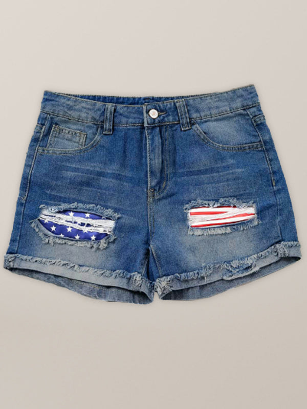 American flag patch skinny denim shorts-[Adult]-[Female]-Clear blue-S-2022 Online Blue Zone Planet