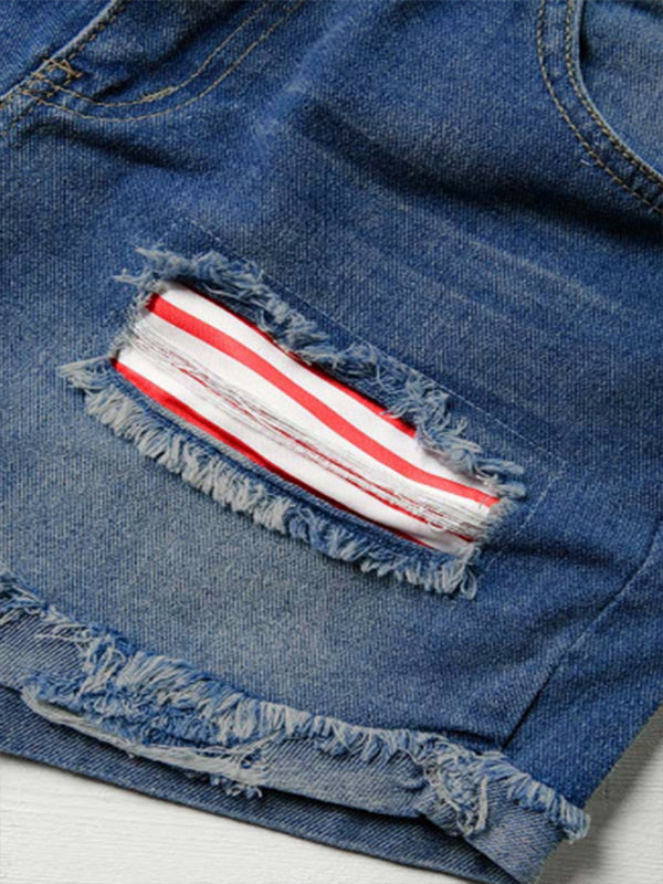 American flag patch skinny denim shorts-[Adult]-[Female]-2022 Online Blue Zone Planet