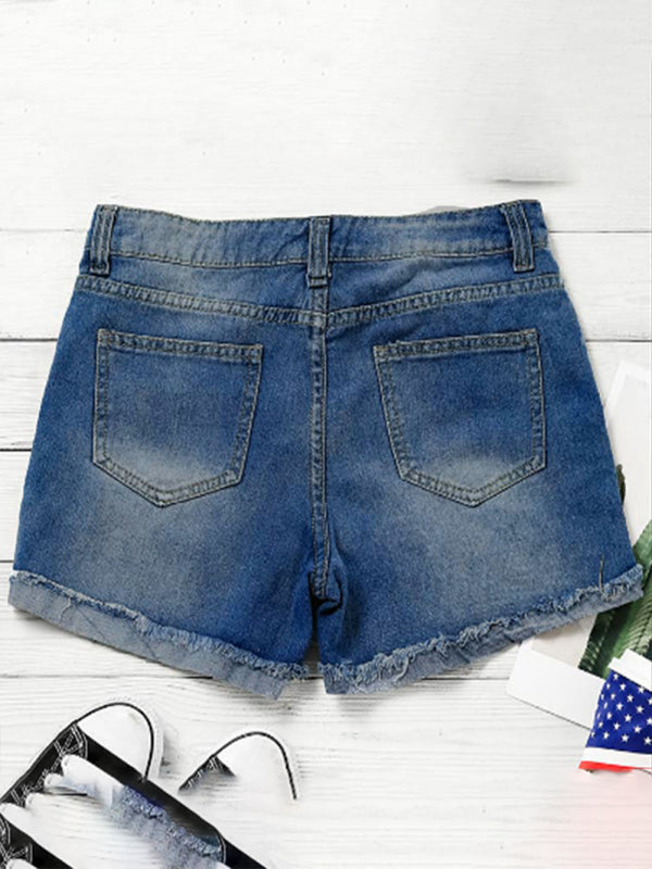 American flag patch skinny denim shorts-[Adult]-[Female]-2022 Online Blue Zone Planet