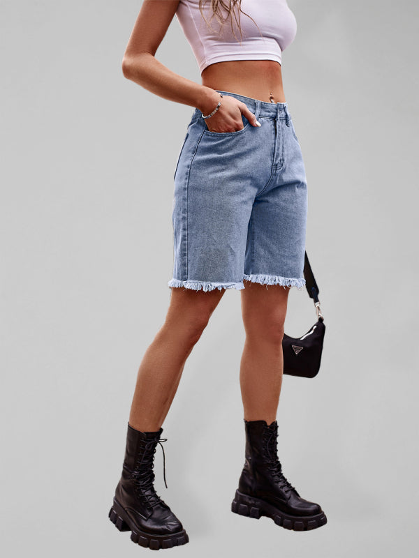 New all-match raw edge straight denim cropped pants casual shorts-TOPS / DRESSES-[Adult]-[Female]-Blue-S-2022 Online Blue Zone Planet