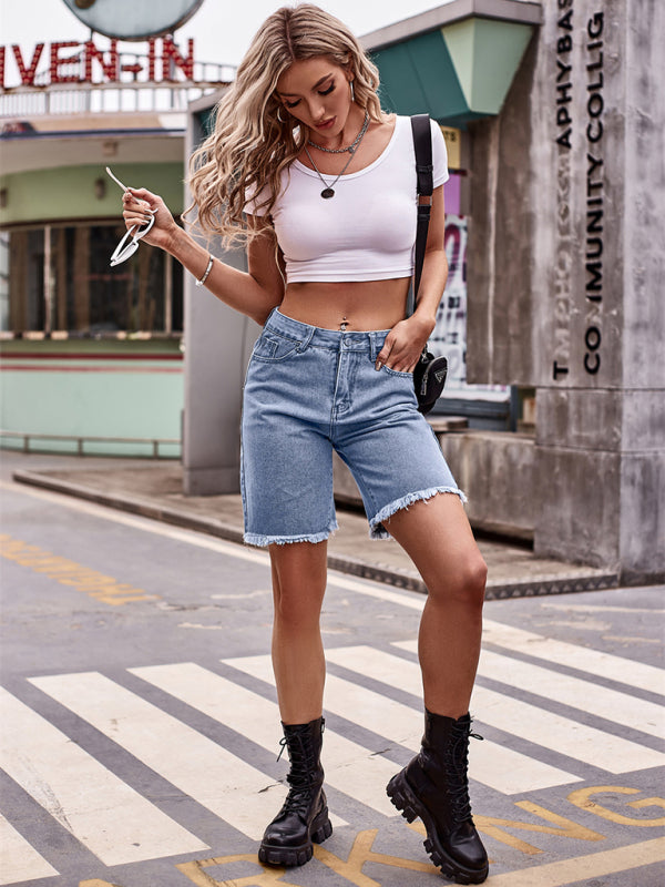 New all-match raw edge straight denim cropped pants casual shorts-TOPS / DRESSES-[Adult]-[Female]-2022 Online Blue Zone Planet