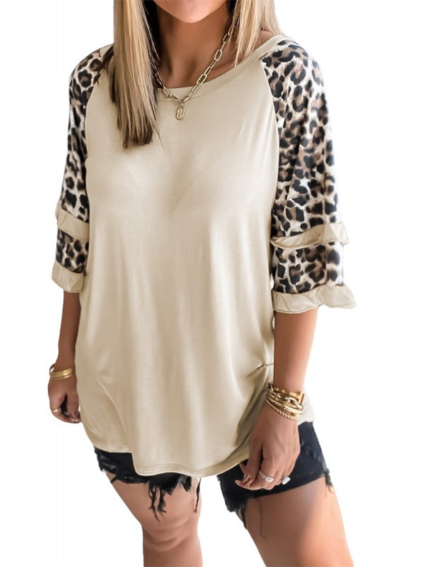 leopard print stitching round neck loose T-shirt-[Adult]-[Female]-2022 Online Blue Zone Planet