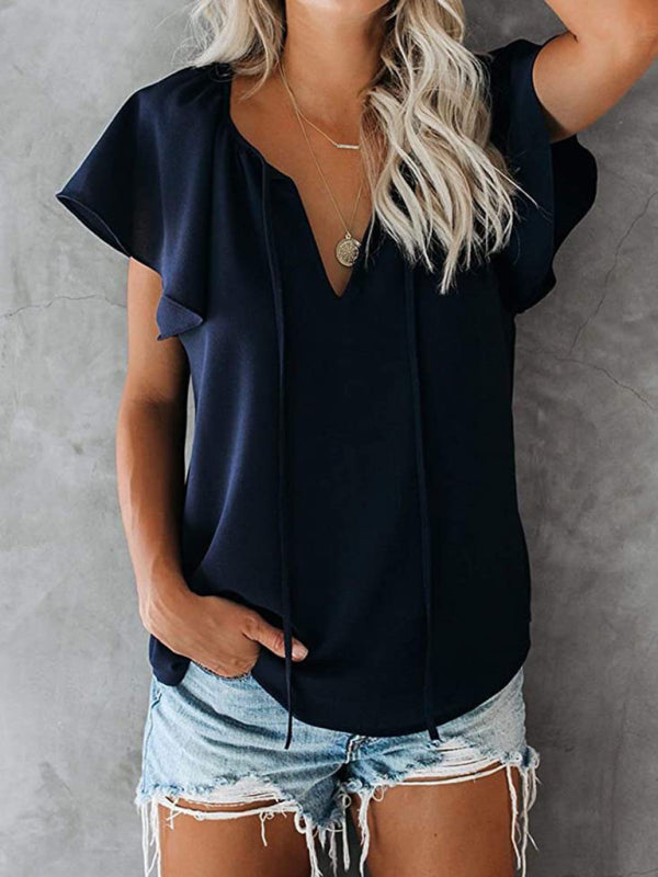 Solid color V-neck chiffon shirt loose simple short-sleeved top BLUE ZONE PLANET