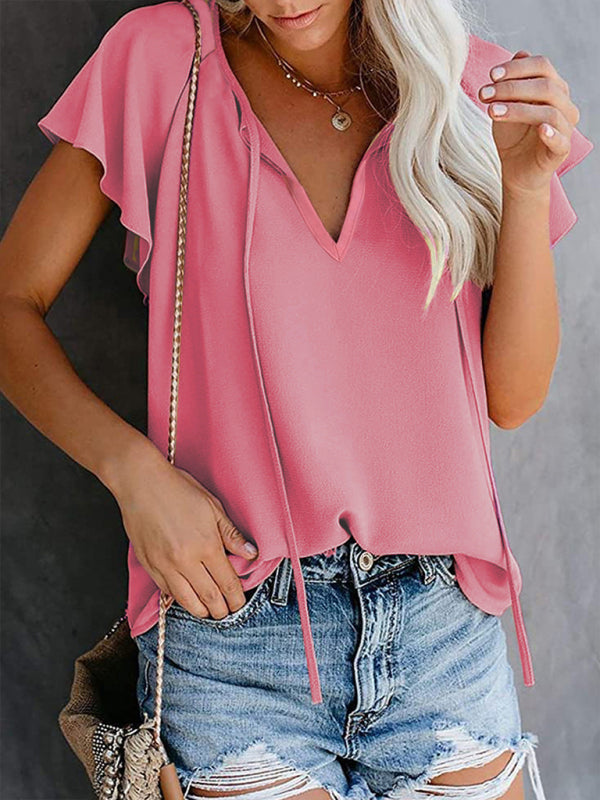 Solid color V-neck chiffon shirt loose simple short-sleeved top BLUE ZONE PLANET