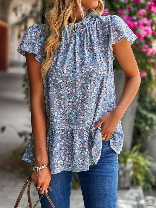 Summer new floral print turtleneck blouse loose holiday style-TOPS / DRESSES-[Adult]-[Female]-Blue-S-2022 Online Blue Zone Planet