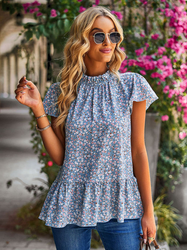 Summer new floral print turtleneck blouse loose holiday style-TOPS / DRESSES-[Adult]-[Female]-2022 Online Blue Zone Planet