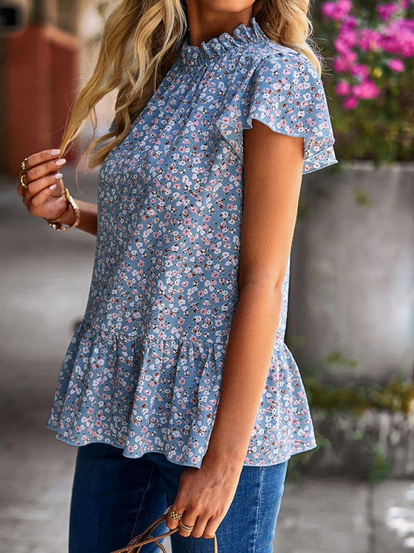 Summer new floral print turtleneck blouse loose holiday style-TOPS / DRESSES-[Adult]-[Female]-2022 Online Blue Zone Planet