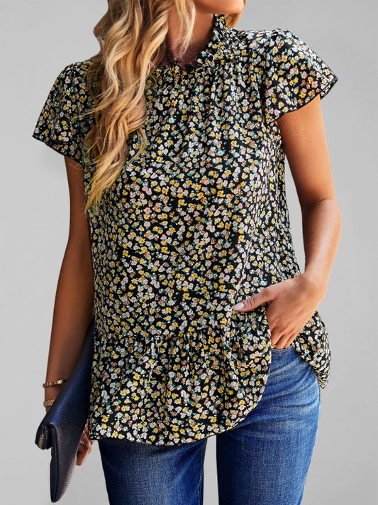 Summer new floral print turtleneck blouse loose holiday style-TOPS / DRESSES-[Adult]-[Female]-Black-S-2022 Online Blue Zone Planet