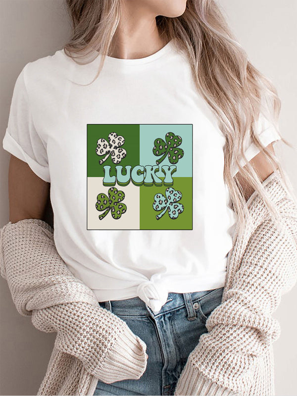 knitted round neck four-leaf clover print short-sleeved T-shirt-TOPS / DRESSES-[Adult]-[Female]-White-S-2022 Online Blue Zone Planet