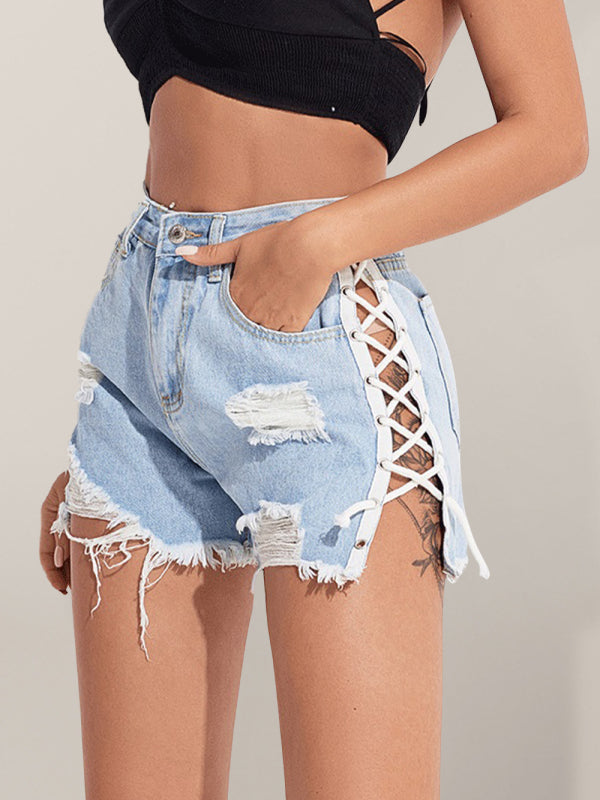 Lace-up Ripped Denim Shorts-[Adult]-[Female]-Blue-XS-2022 Online Blue Zone Planet