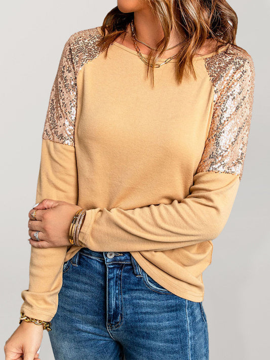 Women's Knitted Round Neck Stitching Sequin Raglan Long Sleeve Top-TOPS / DRESSES-[Adult]-[Female]-Yellow-S-2022 Online Blue Zone Planet