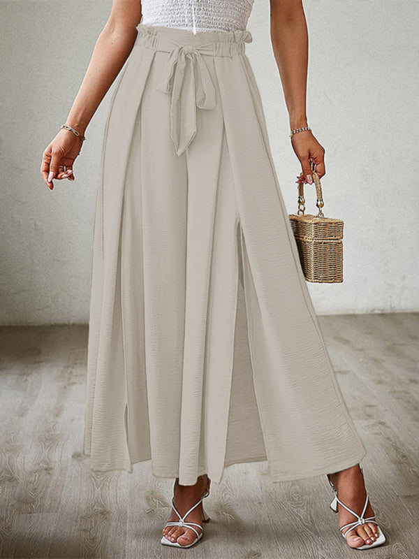 New bow loose high waist pleated wide leg pants with belt pants-[Adult]-[Female]-Cracker khaki-S-2022 Online Blue Zone Planet