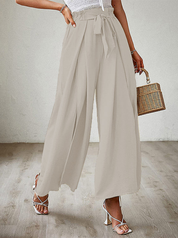 New bow loose high waist pleated wide leg pants with belt pants-[Adult]-[Female]-2022 Online Blue Zone Planet