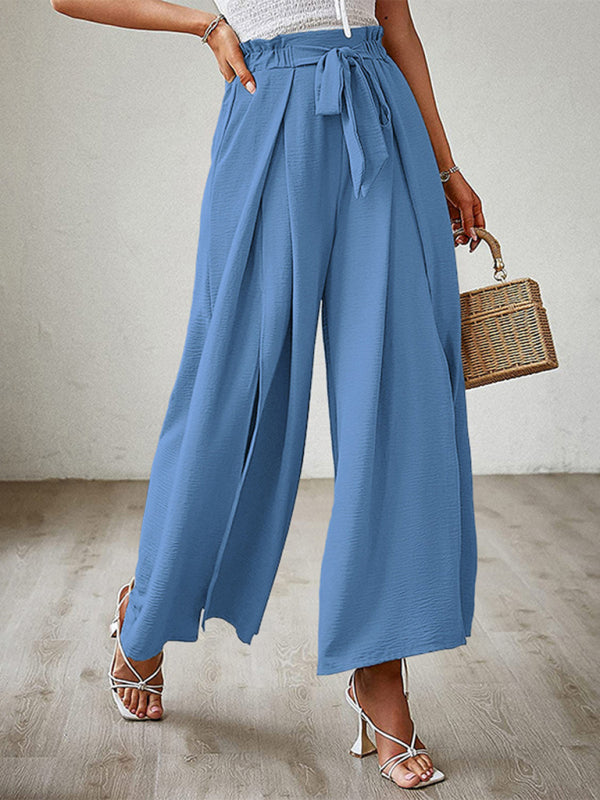 New bow loose high waist pleated wide leg pants with belt pants-[Adult]-[Female]-2022 Online Blue Zone Planet