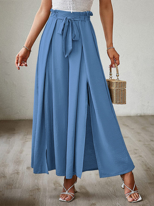 New bow loose high waist pleated wide leg pants with belt pants-[Adult]-[Female]-Blue-S-2022 Online Blue Zone Planet