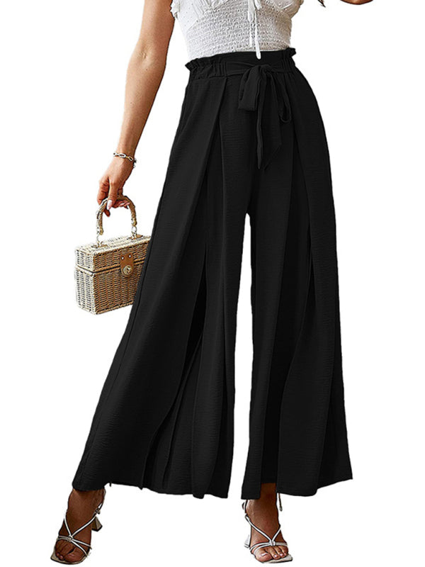 New bow loose high waist pleated wide leg pants with belt pants-[Adult]-[Female]-2022 Online Blue Zone Planet